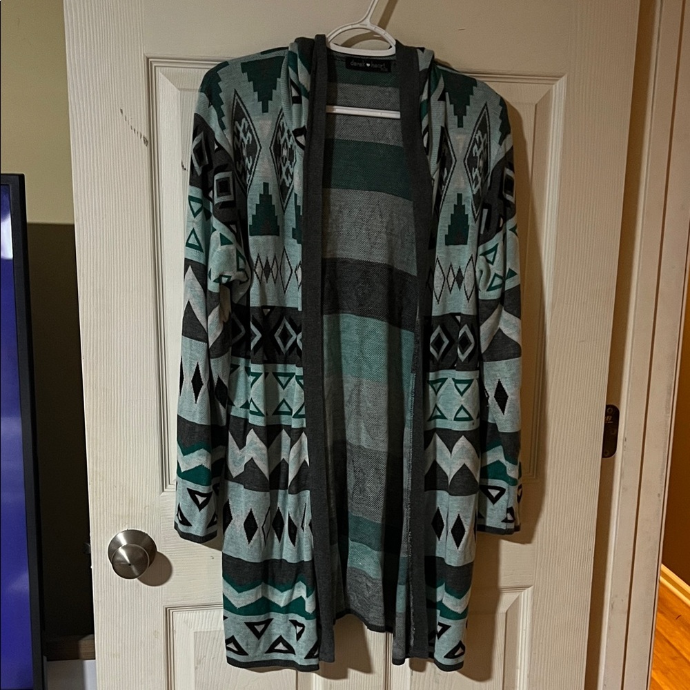 Derek Heart Teal & Gray Aztec Open-Front Cardigan 1X